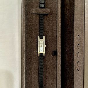 Women’s Rare Gucci Diamond Mother of Pearl Watch w/black grosgrain strap